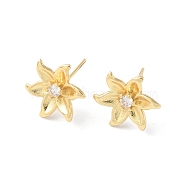 Flower Clear Cubic Zirconia Stud Earrings, Rack Plating Brass Jewelry for Women, Long-Lasting Plated, Lead Free & Cadmium Free, Real 18K Gold Plated, 13x13mm, Pin: 0.7mm(EJEW-F310-09G)