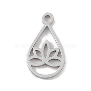 304 Stainless Steel Charms, Laser Cut, Teardrop with Lotus Charm, Stainless Steel Color, 13x7x1mm, Hole: 1mm(STAS-B062-04P)
