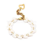 Heart Natural Freshwater Shell Links Bracelets, with 304 Stainless Steel Heart Pendants & Lobster Claw Clasps, Golden, 6-1/2 inch(16.5cm)(BJEW-JB05439-01)