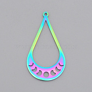 Ion Plating(IP) 201 Stainless Steel Pendants, Laser Cut, Teardrop with Phase of the Moon, Rainbow Color, 39x21.5x1mm, Hole: 1.5mm(STAS-S105-LA569)