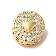 Flat Round with Heart Pattern Rack Plating Brass Micro Pave Cubic Zirconia European Beads, Large Hole Beads, Cadmium Free & Lead Free, Long-Lasting Plated, Real 18K Gold Plated, Clear, 12x10mm, Hole: 4.5mm(KK-G511-03G)