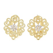 Flower Brass Micro Pave Cubic Zirconia Stud Earrings Finding, with Horizontal Loops, Cadmium Free & Lead Free, Real 18K Gold Plated, 17.5x15.5mm, Hole: 1.4mm, Pin: 0.8mm(KK-E083-19G)