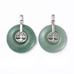 Natural Quartz Crystal Pendants, with Platinum Tone Brass Findings, Donut/Pi Disc with Tree of Life, 35.5x30x8.5~9.5mm, Hole: 4.5x6.5mm(G-F640-E03)