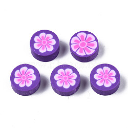 Handmade Polymer Clay Beads, for DIY Jewelry Crafts Supplies, Flat Round with Flower, Medium Purple, 9.5~10x4.5mm, Hole: 1.8mm(CLAY-N008-039B)