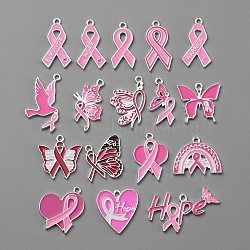 Breast Cancer Pink Awareness Ribbon Theme Alloy Enamel Pendants, Silver, Pink, 17.5~28x11.5~32.5x1.5~1.7mm, Hole: 1.6~1.8mm, 17pcs/set(ENAM-WH0068-05P)