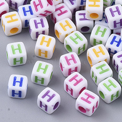 White Opaque Acrylic Beads, Horizontal Hole, Cube with Mixed Color Letter, Letter.H, 5x5x5mm, Hole: 2mm, about 5000pcs/500g(MACR-R869-01H)