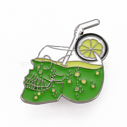 Rack Plating Alloy Enamel Brooches, Enamel Pins, with Brass Butterfly Clutches, Skull Drinks, Cadmium Free & Nickel Free & Lead Free, Gunmetal, Green, 36.5x35mm, Pin: 1mm(JEWB-S011-150-NR)