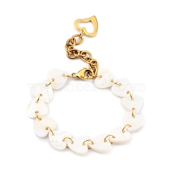 Heart Natural Freshwater Shell Links Bracelets, with 304 Stainless Steel Heart Pendants & Lobster Claw Clasps, Golden, 6-1/2 inch(16.5cm)(BJEW-JB05439-01)