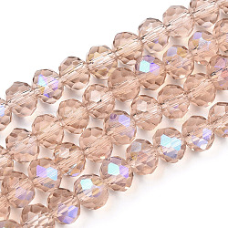 Electroplate Glass Beads Strands, Half Rainbow Plated, Faceted, Rondelle, PeachPuff, 10x8mm, Hole: 1mm, about 63~65pcs/strand, 19.2~20 inch(48~50cm)(EGLA-A034-T10mm-L22)