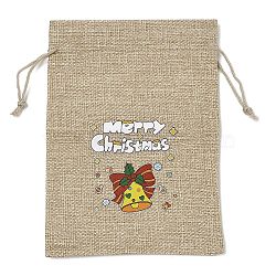 Christmas Printed Burlap Packing Pouches Drawstring Bags, Rectangle, Tan, Christmas Bell, 18x13x0.01cm(ABAG-Q053-02B-10)