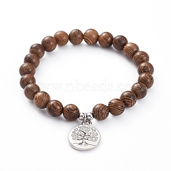 Unisex Wood Beads Stretch Charm Bracelets, with 304 Stainless Steel Beads and Tibetan Style Alloy Pendants, Flat Round with Tree, Antique Silver & Stainless Steel Color, 2-3/8 inch(6cm)(BJEW-JB04959-04)