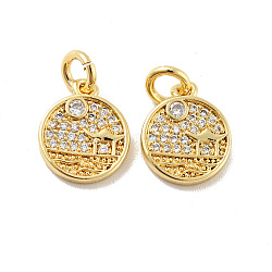 Flat Round with Pavilion Brass Micro Pave Clear Cubic Zirconia Charms, with Jump Rings, Cadmium Free & Lead Free, Golden, 12x10x1.8mm, Hole: 2.8mm(KK-G425-19G)