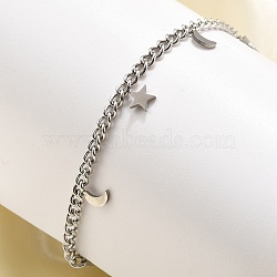 304 Stainless Steel Moon & Star Charm Bracelets, Curb Chains Bracelets for Women, Stainless Steel Color, 6-3/4 inch(17.2cm) Long+35mm Extender(BJEW-R021-05P)
