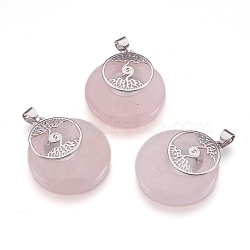 Natural Rose Quartz Pendants, with Platinum Tone Brass Findings, Flat Round with Tree of Life, 32x28x6mm, Hole: 4x5mm(KK-F751-B16)