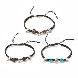 3Pcs Natural Tiger Eye & Lava Rock & Synthetic Turquoise Braided Bead Bracelets Set with Alloy Skull, Halloween Gemstone Adjustable Bracelets for Women, Black, Inner Diameter: 2-1/4~3-1/2 inch(5.8~9cm), 1Pc/style(BJEW-JB08114-01)