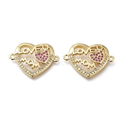 Brass Micro Pave Clear & Violet Cubic Zirconia Links, Long-Lasting Plated, for Mother's Day, Heart in Heart, with Word Love & Mom, for Mother's Day, Real 18K Gold Plated, 16x21.5x3mm, Hole: 1.2mm(ZIRC-H700-08G)