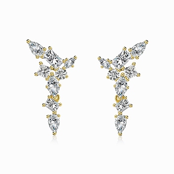 925 Sterling Silver with Cubic Zirconia Stud Earrings for Women, Wing, Real 18K Gold Plated, 25x13.5mm