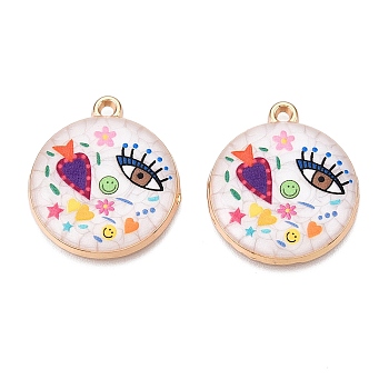 Printed Rack Plating Alloy Enamel Pendants, Golden, Flat Round with Eye & Heart Charm, Colorful, 28.5x25x4mm, Hole: 1.8mm