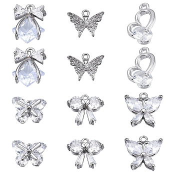 SUNNYCLUE 12Pcs 6 Style Brass Inlaid Clear Cubic Zirconia Charms, Platinum, 9~13.5x9.5~13x1.5~5mm, Hole: 1.2~1.4mm, 2pcs/style