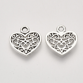 Tibetan Style Alloy Charms, Heart, Cadmium Free & Lead Free, Antique Silver, 15x14.5x1.5mm, Hole: 1.8mm