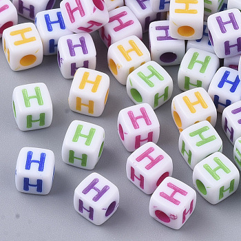 White Opaque Acrylic Beads, Horizontal Hole, Cube with Mixed Color Letter, Letter.H, 5x5x5mm, Hole: 2mm, about 5000pcs/500g