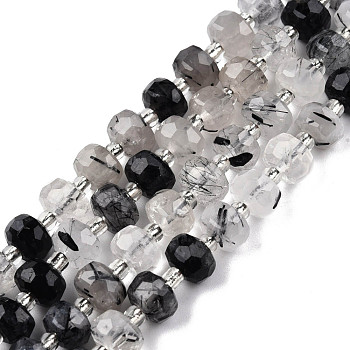 Natural Black Rutilated Quartz Beads Strands, with Seed Beads, Faceted, Rondelle, 8x6mm, Hole: 1mm, about 20~22pcs/strand, 7.09 inch(18cm)