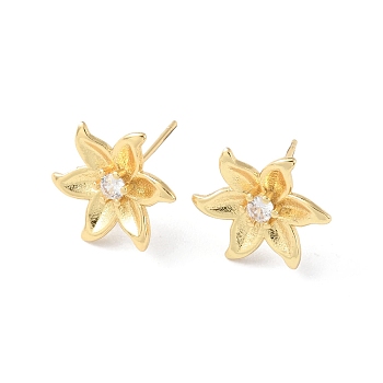 Flower Clear Cubic Zirconia Stud Earrings, Rack Plating Brass Jewelry for Women, Long-Lasting Plated, Lead Free & Cadmium Free, Real 18K Gold Plated, 13x13mm, Pin: 0.7mm