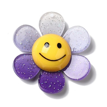Acrylic Big Pendants with Glitter Powder, Two Tone Flower with Smile, Indigo, 52x48x14.5mm, Hole: 2mm