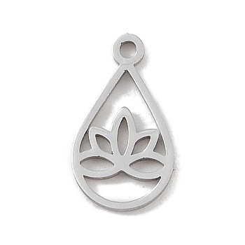 304 Stainless Steel Charms, Laser Cut, Teardrop with Lotus Charm, Stainless Steel Color, 13x7x1mm, Hole: 1mm