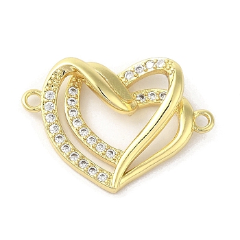 Rack Plating Brass Micro Pave  Clear Cubic Zirconia Double Heart Connector Charms, Long-Lasting Plated, Cadmium Free & Lead Free, Real 18K Gold Plated, 17.5x24.5x5mm, Hole: 1.5mm