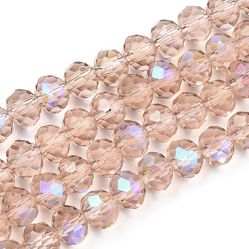 Electroplate Glass Beads Strands, Half Rainbow Plated, Faceted, Rondelle, PeachPuff, 10x8mm, Hole: 1mm, about 63~65pcs/strand, 19.2~20 inch(48~50cm)