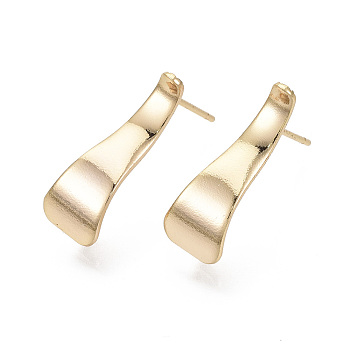 Brass Stud Earring Findings, with Loop, Nickel Free, Trapezoid, Real 18K Gold Plated, 19x7mm, Hole: 2mm, Pin: 0.7mm