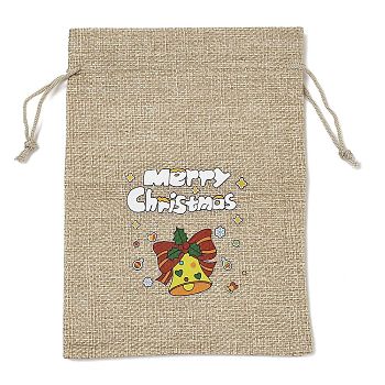 Christmas Printed Burlap Packing Pouches Drawstring Bags, Rectangle, Tan, Christmas Bell, 18x13x0.01cm