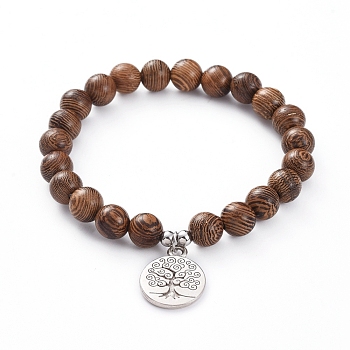 Unisex Wood Beads Stretch Charm Bracelets, with 304 Stainless Steel Beads and Tibetan Style Alloy Pendants, Flat Round with Tree, Antique Silver & Stainless Steel Color, 2-3/8 inch(6cm)