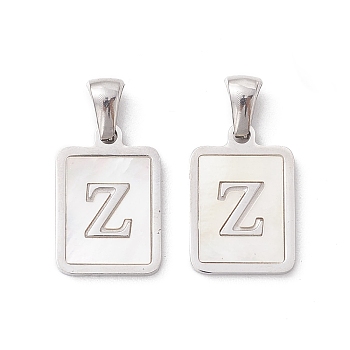 304 Stainless Steel Pave Shell Pendants, Rectangle Charm, Stainless Steel Color, Letter Z, 17.5x12x1.5mm, Hole: 3x5mm