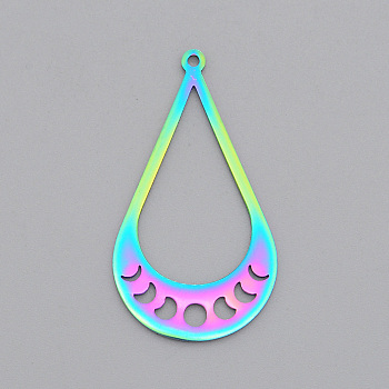 Ion Plating(IP) 201 Stainless Steel Pendants, Laser Cut, Teardrop with Phase of the Moon, Rainbow Color, 39x21.5x1mm, Hole: 1.5mm