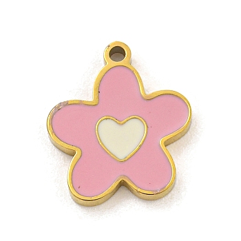 316 Surgical Stainless Steel Enamel Charms, Flower with Heart Charm, Golden, Pink, 12x10x1.5mm, Hole: 1mm