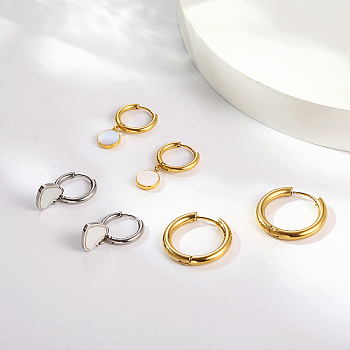 3 Pairs 3 Style 304 Stainless Steel Dangle Hoop Earrings Set, Flat Round & Heart, Real Gold Plated & Stainless Steel Color, 14~22x3~10mm, 1 Pair/style
