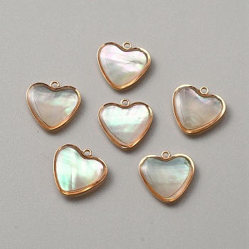 Natural Shell Pendants, with Golden Resin and Brass Findings, Heart Pattern, 15x15x3.4mm, Hole: 1.4mm