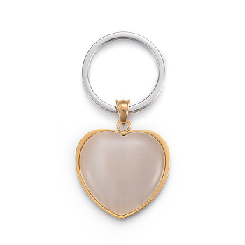 304 Stainless Steel Keychain, with Cat Eye, Heart, Thistle, Golden & Stainless Steel Color, 81mm