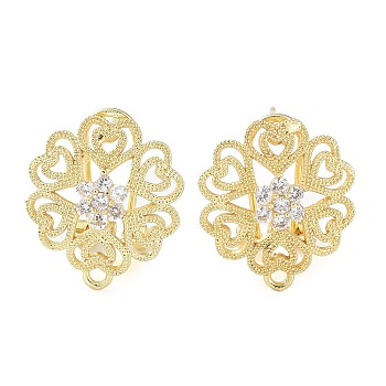 Flower Brass Micro Pave Cubic Zirconia Stud Earrings Finding, with Horizontal Loops, Cadmium Free & Lead Free, Real 18K Gold Plated, 17.5x15.5mm, Hole: 1.4mm, Pin: 0.8mm