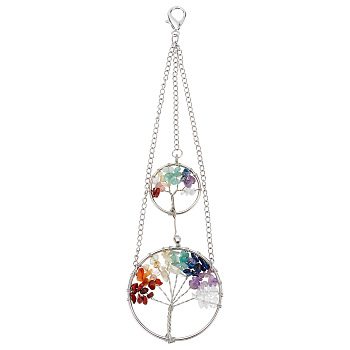 Flat Round with Tree of Life Mixed Stone Pendant Decorations, with Alloy Lobster Claw Clasps, Platinum, 19.6cm