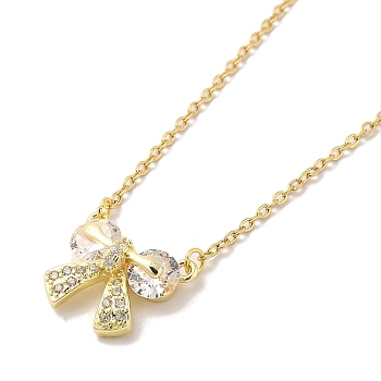 304 Stainless Steel Pendant Necklaces, Brass Micro Pave Clear Cubic Zirconia Pendant Necklaces, Bowknot, 18.50 inch(47cm) Pendant: 15x16.5mm