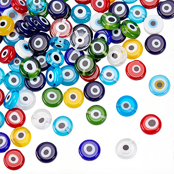 100Pcs Handmade Evil Eye Lampwork Beads, Flat Round, Mixed Color, 10x4mm, Hole: 1mm