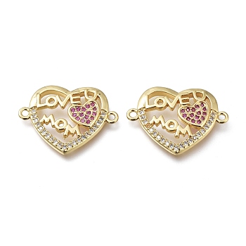 Brass Micro Pave Clear & Violet Cubic Zirconia Links, Long-Lasting Plated, for Mother's Day, Heart in Heart, with Word Love & Mom, for Mother's Day, Real 18K Gold Plated, 16x21.5x3mm, Hole: 1.2mm