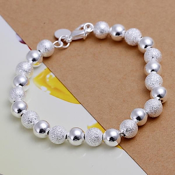 8mm Brass Ball Chain Bracelets for Women, with Lobster Claspst, Silver Color Plated, 210mm