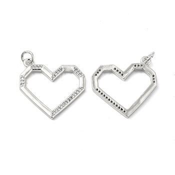 Brass Micro Pave Cubic Zirconia Pendants, with Jump Ring, Faceted Heart Charm, Platinum, 21x23x2mm, Hole: 3.5mm