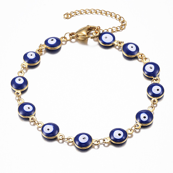 304 Stainless Steel Link Bracelets, Evil Eye, Real 18K Gold Plated, Blue, 7-7/8 inch(200mm)