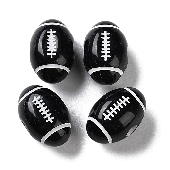 Spray Printed Opaque Acrylic European Beads, Large Hole Beads, Rugby, Black, 18x12mm, Hole: 4mm, about 500pcs/500g