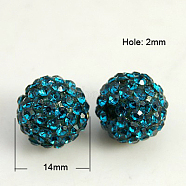 Resin Rhinestone Beads, Grade A, Round, Blue Zircon, 14mm, Hole: 2mm(RB-A025-14mm-A06)